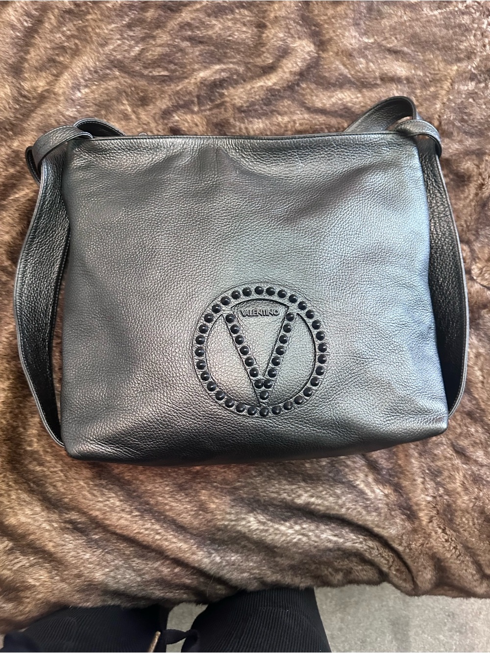 Valentino Black Pebbled Leather Shoulder Bag with Studded V Emblem